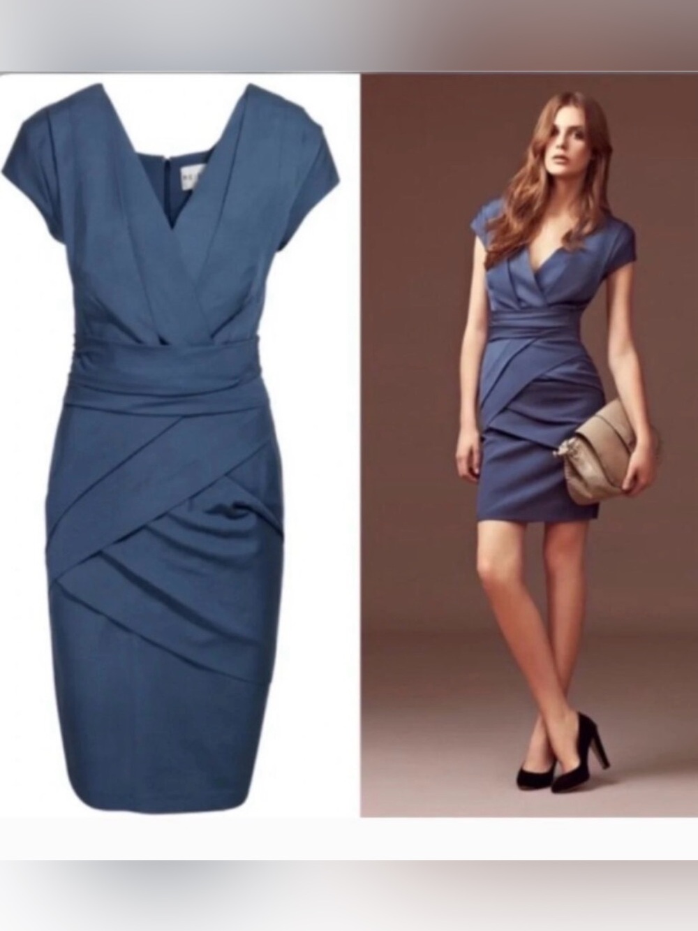 Reiss Slate Blue Draped V-Neck Midi Dress